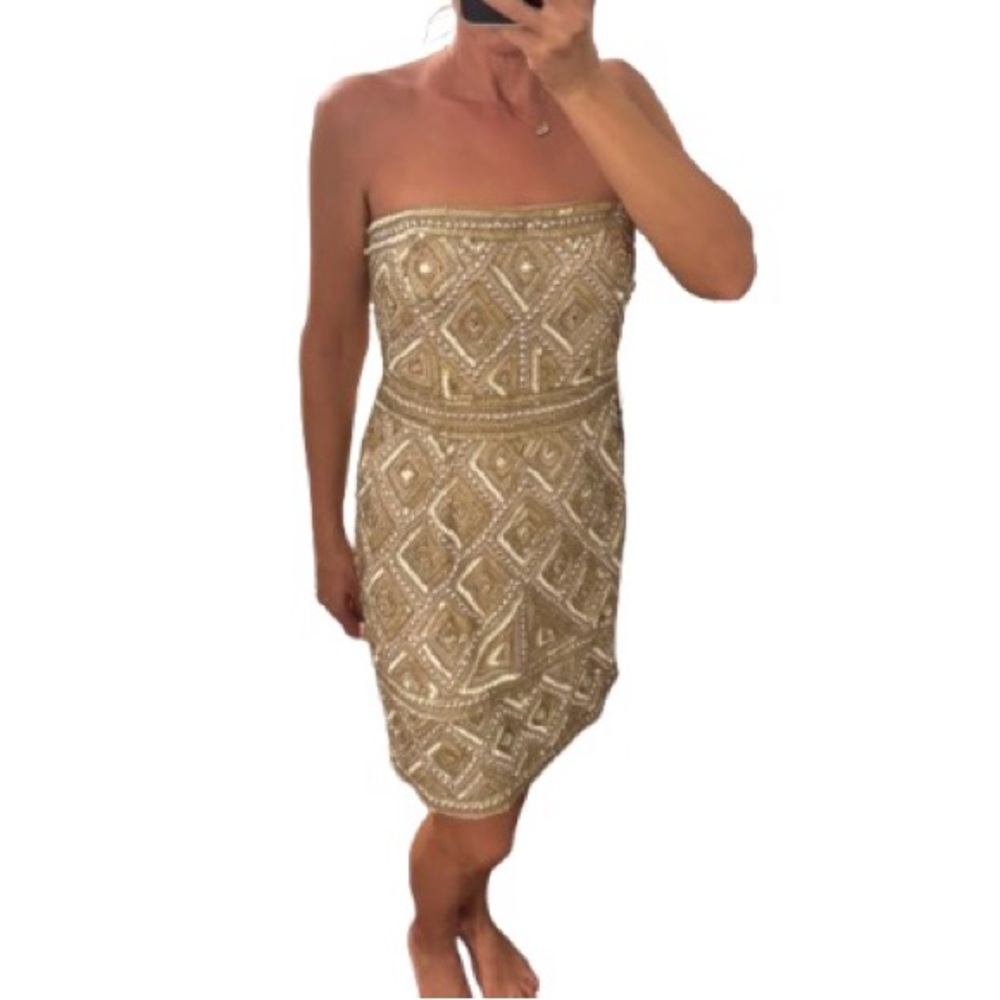 NWT Adrianna Papell Gold Beaded Strapless Cocktail Dress